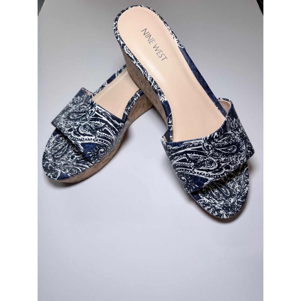 Nine West Confettyo Blue White Paisley Cork Wedge Sandals Mens 9.5M